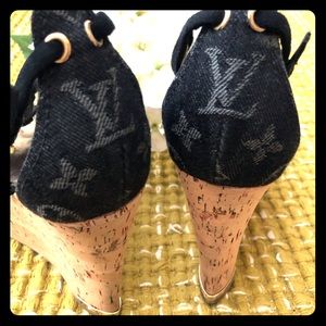 LV Denim Monogram Strappy Wedge Sandals Black 36.5